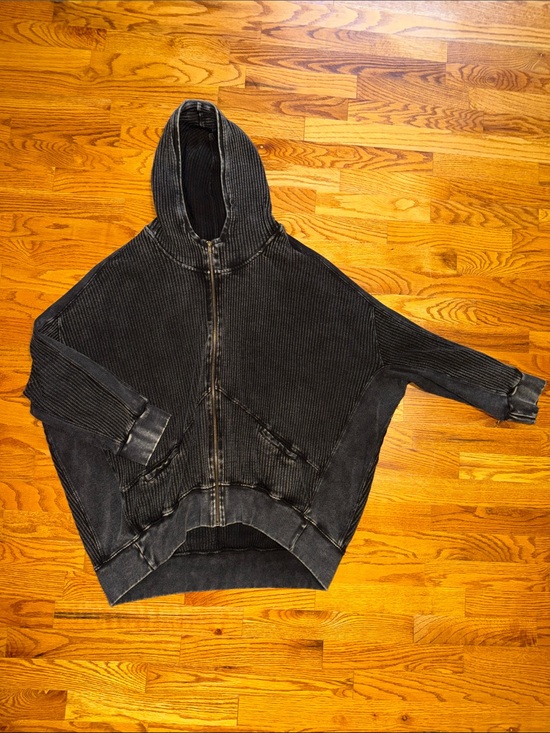Lily & Lottie Jackets & Blazers - Washed Black Ribbed Zip-Up Hooded Jacket